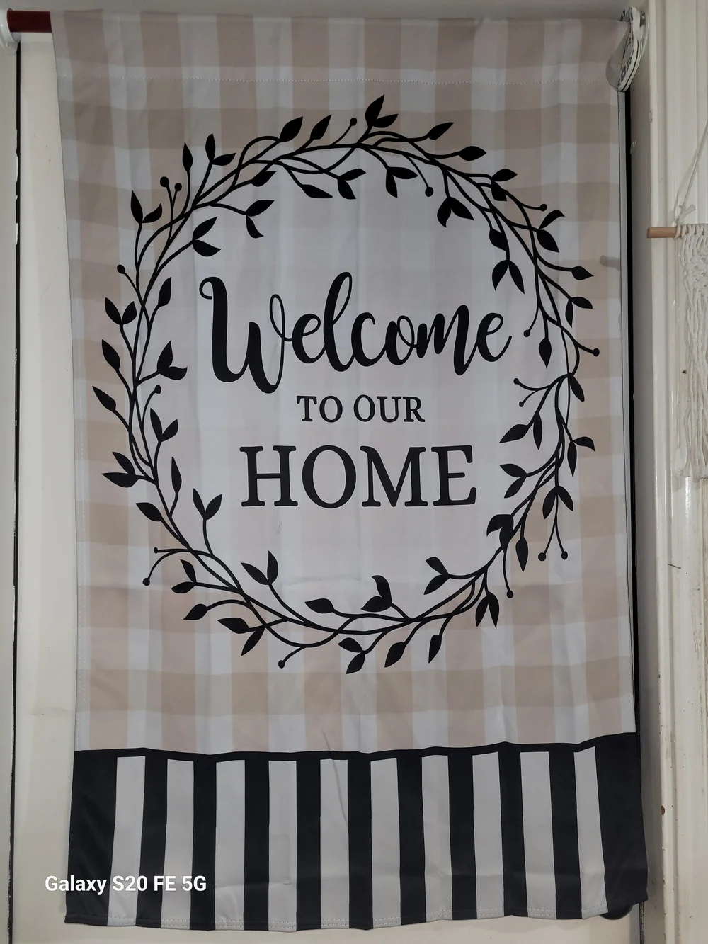 Welcome to Our Home Decorative House Flag - Neutral Plaid & Black